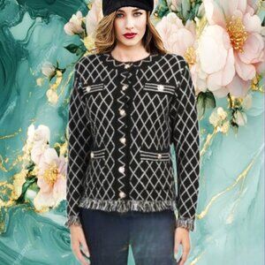 SIONI Black and White Front Metal Buttons Knitted Fringe Cardigan Sz M